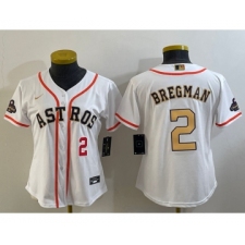 Women's Houston Astros #2 Alex Bregman Number 2023 White Gold World Serise Champions Cool Base Stitched Jersey1