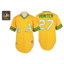 Men's Mitchell and Ness Oakland Athletics #27 Catfish Hunter Authentic Gold Throwback MLB Jersey