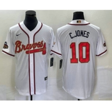 Men's Atlanta Braves #10 Chipper Jones 2022 White Gold World Series Champions Program Cool Base Stitched Baseball Jersey