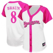 Women's Majestic Milwaukee Brewers #8 Ryan Braun Authentic White/Pink Splash Fashion MLB Jersey