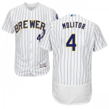 Men's Majestic Milwaukee Brewers #4 Paul Molitor White Home Flex Base Authentic Collection MLB Jersey