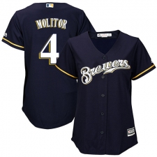 Women's Majestic Milwaukee Brewers #4 Paul Molitor Authentic Navy Blue Alternate Cool Base MLB Jersey