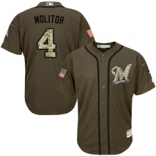Youth Majestic Milwaukee Brewers #4 Paul Molitor Replica Green Salute to Service MLB Jersey