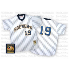 Men's Mitchell and Ness Milwaukee Brewers #19 Robin Yount Authentic White/Blue Strip Throwback MLB Jersey