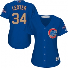 Women's Majestic Chicago Cubs #34 Jon Lester Authentic Royal Blue 2017 Gold Champion MLB Jersey