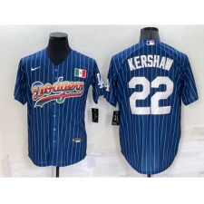 Men's Los Angeles Dodgers #22 Clayton Kershaw Rainbow Blue Red Pinstripe Mexico Cool Base Nike Jersey