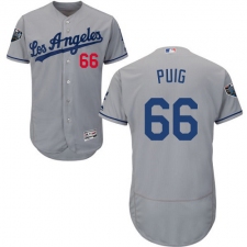 Men's Majestic Los Angeles Dodgers #66 Yasiel Puig Grey Road Flex Base Authentic Collection 2018 World Series MLB Jersey