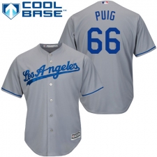 Youth Majestic Los Angeles Dodgers #66 Yasiel Puig Replica Grey Road Cool Base MLB Jersey
