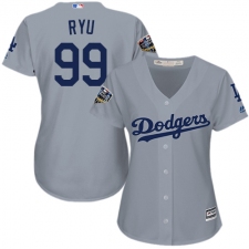 Women's Majestic Los Angeles Dodgers #99 Hyun-Jin Ryu Authentic Grey Road Cool Base 2018 World Series MLB Jersey