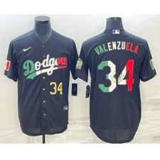 Mens Los Angeles Dodgers #34 Fernando Valenzuela Number Mexico Black Cool Base Stitched Baseball Jersey