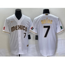 Men's Mexico Baseball #7 Julio Urias Number 2023 White Gold World Baseball Classic Stitched Jersey