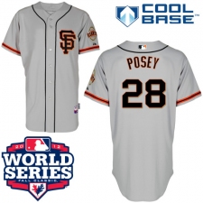 Men's Majestic San Francisco Giants #28 Buster Posey Replica Grey Road 2 Cool Base 2012 World Series Patch MLB Jersey
