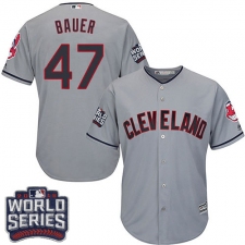 Youth Majestic Cleveland Indians #47 Trevor Bauer Authentic Grey Road 2016 World Series Bound Cool Base MLB Jersey