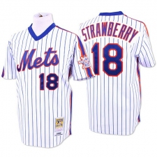 Men's Mitchell and Ness New York Mets #18 Darryl Strawberry Authentic White/Blue Strip Throwback MLB Jersey