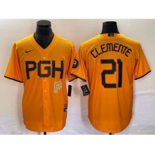 Men's Nike Pittsburgh Pirates #21 Roberto Clemente Gold 2023 City Connect Stitched Jersey 1