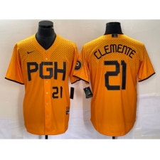 Men's Nike Pittsburgh Pirates #21 Roberto Clemente Number Gold 2023 City Connect Stitched Jersey1