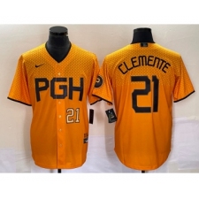 Men's Nike Pittsburgh Pirates #21 Roberto Clemente Number Gold 2023 City Connect Stitched Jersey2
