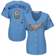 Women's Majestic Kansas City Royals #8 Mike Moustakas Authentic Light Blue 2015 World Series Champions Gold Program Cool Base MLB Jersey