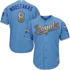 Youth Majestic Kansas City Royals #8 Mike Moustakas Authentic Light Blue 2015 World Series Champions Gold Program Cool Base MLB Jersey
