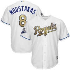 Youth Majestic Kansas City Royals #8 Mike Moustakas Authentic White 2015 World Series Champions Gold Program Cool Base MLB Jersey