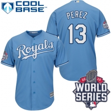 Men's Majestic Kansas City Royals #13 Salvador Perez Replica Light Blue Alternate 1 Cool Base 2015 World Series
