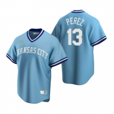 Men's Nike Kansas City Royals #13 Salvador Perez Light Blue Cooperstown Collection Road Stitched Baseball Jersey