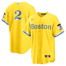 Men's Boston Red Sox #2 Xander Bogaerts Nike Gold-Light Blue 2021 City Connect Replica Player Jersey