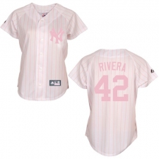 Women's Majestic New York Yankees #42 Mariano Rivera Replica White/Pink Strip MLB Jersey
