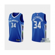 Men's Milwaukee Bucks #34 Giannis Antetokounmpo 2022-23 City Edition Blue Stitched Basketball Jersey
