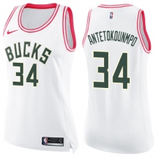 Women's Nike Milwaukee Bucks #34 Giannis Antetokounmpo Swingman White/Pink Fashion NBA Jersey
