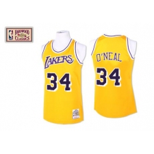 Men's Mitchell and Ness Los Angeles Lakers #34 Shaquille O'Neal Authentic Gold Throwback NBA Jersey