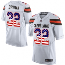 Men's Nike Cleveland Browns #32 Jim Brown Elite White Road USA Flag Fashion NFL Jersey