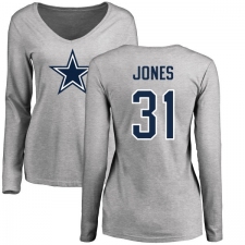 NFL Women's Nike Dallas Cowboys #31 Byron Jones Ash Name & Number Logo Slim Fit Long Sleeve T-Shirt