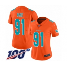 Women's Miami Dolphins #91 Cameron Wake Limited Orange Inverted Legend 100th Season Football Jersey