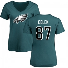 Women's Nike Philadelphia Eagles #87 Brent Celek Green Name & Number Logo Slim Fit T-Shirt