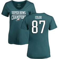 Women's Nike Philadelphia Eagles #87 Brent Celek Green Super Bowl LII Champions V-Neck T-Shirt