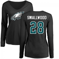 Women's Nike Philadelphia Eagles #28 Wendell Smallwood Black Name & Number Logo Slim Fit Long Sleeve T-Shirt.