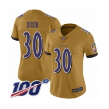 Women's Baltimore Ravens #30 Kenneth Dixon Limited Gold Inverted Legend 100th Season Football Jersey
