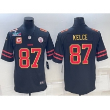 Men’s Kansas City Chiefs #87 Travis Kelce Black Red Gold Super Bowl LVII Patch And 4-star C Patch Vapor Untouchable Limited Stitched Jersey