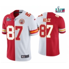Men’s Kansas City Chiefs #87 Travis Kelce Red & White Split Super Bowl LVII Patch Limited Stitched Jersey