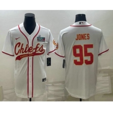 Men's Kansas City Chiefs #95 Chris Jones White With Super Bowl LVII Patch Cool Base Stitched Baseball Jersey