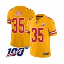 Men's Kansas City Chiefs #35 Christian Okoye Limited Gold Inverted Legend 100th Season Football Jersey