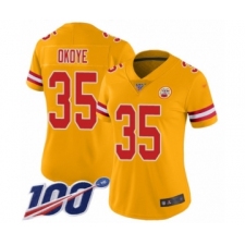 Women's Kansas City Chiefs #35 Christian Okoye Limited Gold Inverted Legend 100th Season Football Jersey