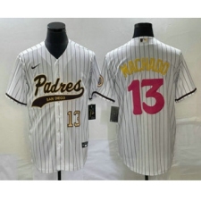 Men's San Diego Padres #13 Manny Machado Number White Pinstripe 2023 City Connect Cool Base Stitched Jersey