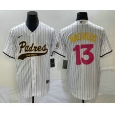 Men's San Diego Padres #13 Manny Machado White Pinstripe 2023 City Connect Cool Base Stitched Jersey