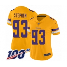 Women's Minnesota Vikings #93 Shamar Stephen Limited Gold Inverted Legend 100th Season Football Jersey