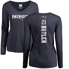 NFL Women's Nike New England Patriots #21 Malcolm Butler Navy Blue Backer Slim Fit Long Sleeve T-Shirt