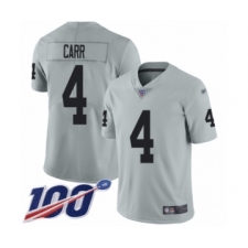 Men's Oakland Raiders #4 Derek Carr Limited Silver Inverted Legend 100th Season Football Jersey