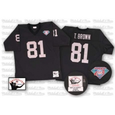 Mitchell and Ness Oakland Raiders #81 Tim Brown Black Team Color with 75TH Patch Authentic NFL Throwback Jersey
