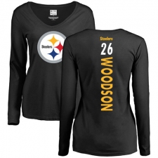 NFL Women's Nike Pittsburgh Steelers #26 Rod Woodson Black Backer Slim Fit Long Sleeve T-Shirt